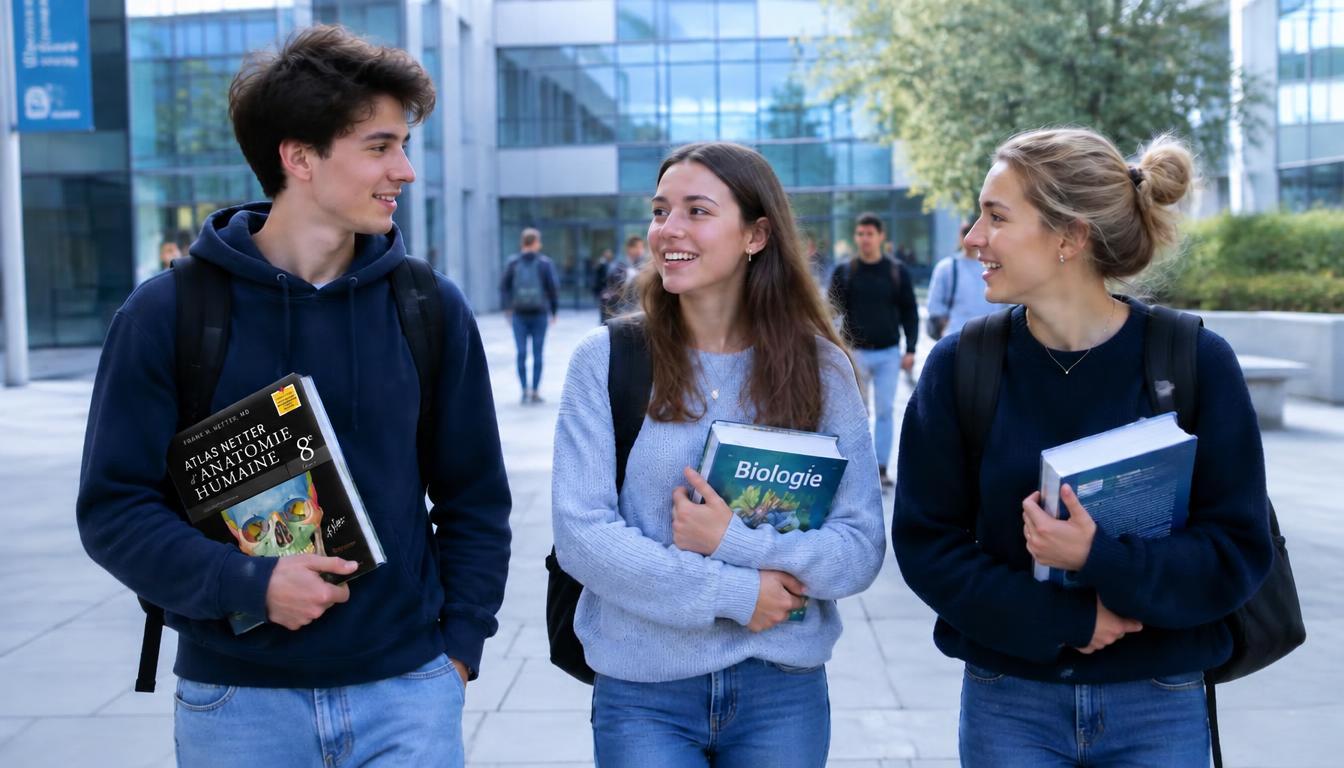 Des étudiants de première année sur le campus avec leurs livres de biologie
