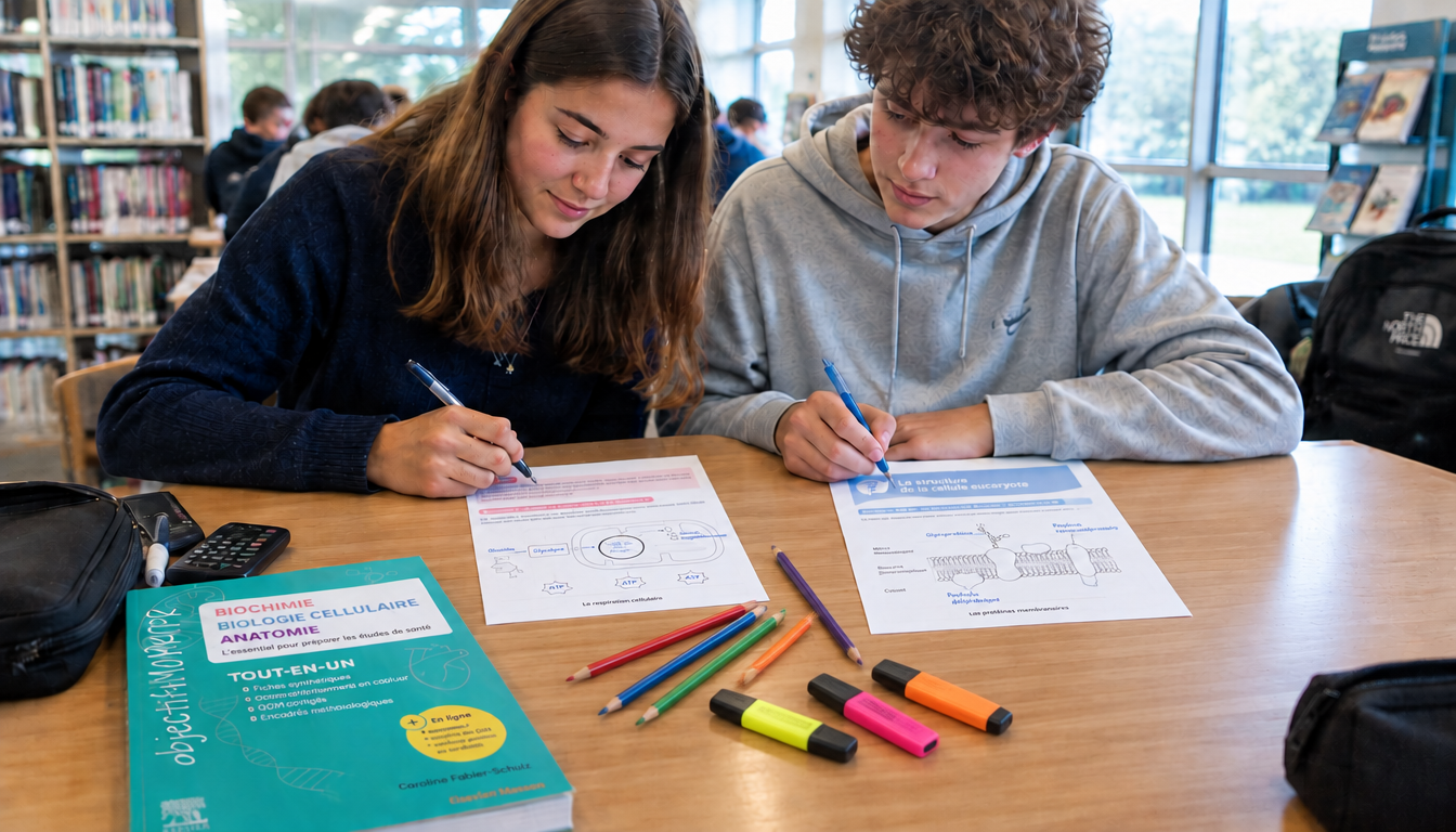 Deux jeunes complètent les fiches de biochimie et de biologie cellulaire du livre de Caroline Fabien-Schiltz, avec des crayons de couleur et des surligneurs posés sur la table