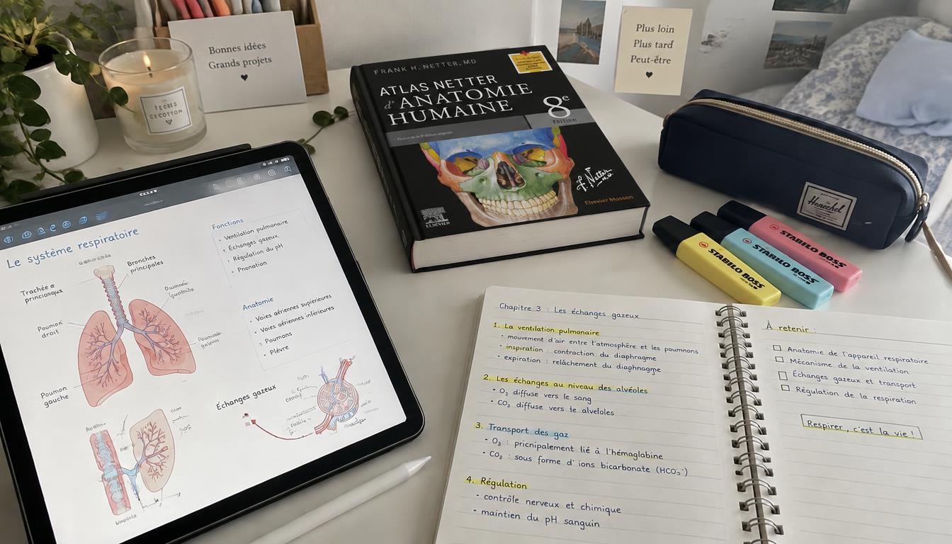 Atlas Netter d'anatomie, tablette avec stylet, cahier de révisions et surligneurs sur un bureau